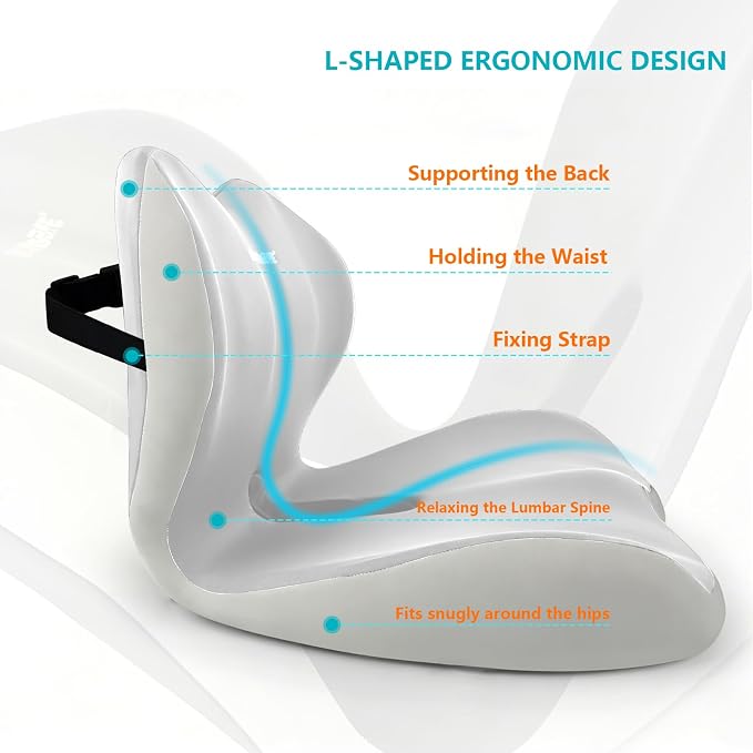 Ergonomic Memory Foam Seat Cushion with Strap for Office Chair, Light Grey | Contoured coccyx cutout supports back and butt, with a non-slip base and washable cover for office chairs and cars.