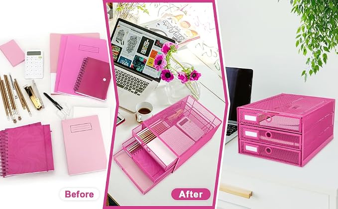Exerz Paper Sorter 3 Drawer Wire Mesh A4 / Desk Multifunctional Desk Organiser/Multi-Layer Letter Tray - for Documents, Magazines, Notebooks and Letter (Pink)