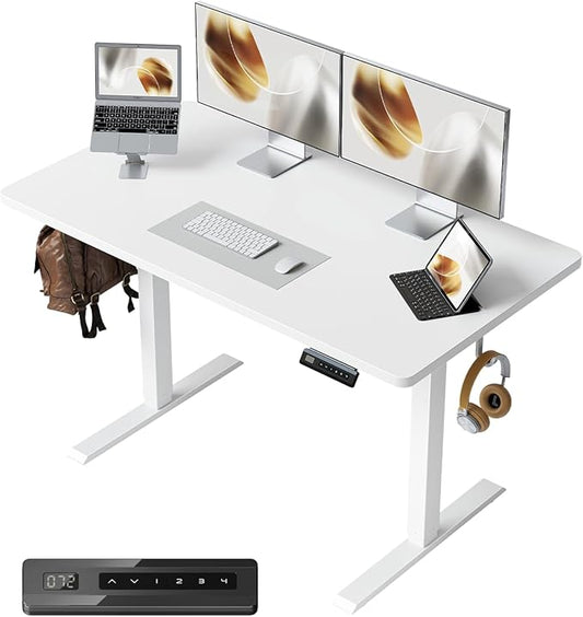 CubiCubi 40 x 24 Small One-Piece Standing Desk, Adjustable Height Electric Computer Home Office Sit Stand up Workstation, with 4 Memory Presets, Headphone Hook, White