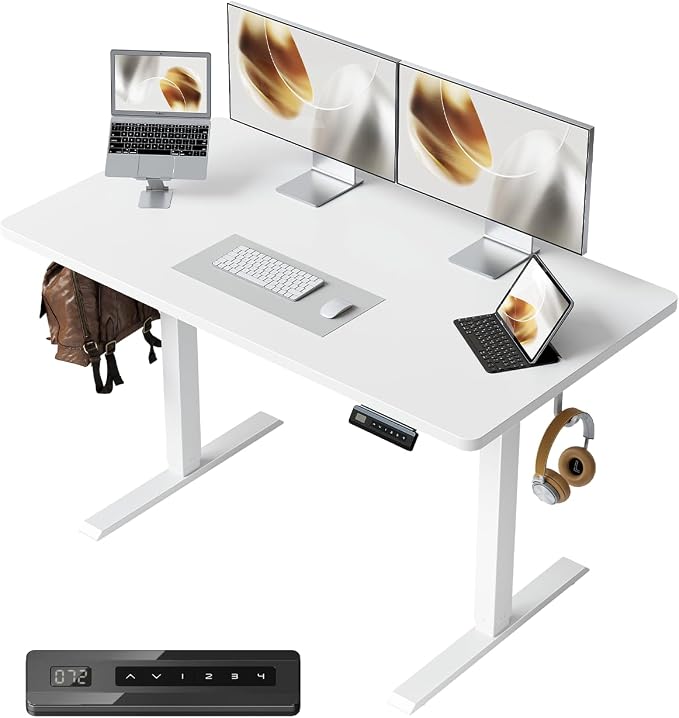 CubiCubi 40 x 24 Small One-Piece Standing Desk, Adjustable Height Electric Computer Sit Stand up Home Office Workstation, with 4 Memory Presets, Headphone Hook, White | Adjustable Height Electric Computer Sit Stand up Home Office Workstation, with Memo...