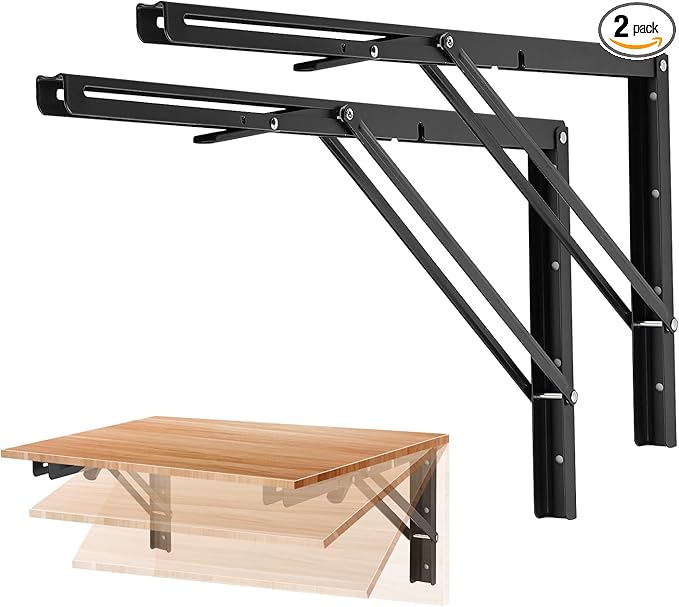 Ravinte 2 Pack 22 Inch Folding Shelf Brackets – Matte Black, Heavy Duty Collapsible Brackets for Tables and Benches – Space-Saving Design