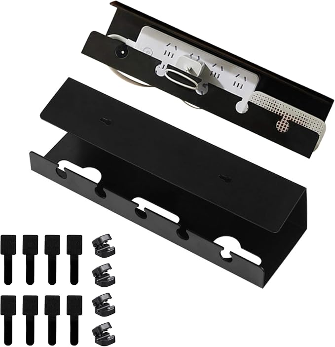 Ovanmexis Under Desk Cable Management Tray, 2-Pack, Black | Quick-Release Mount, Snap-On Tool-Free, Includes Magnetic Cable Clips & Straps, No Drill Hidden Base