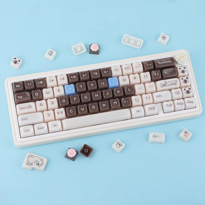 Sunzit Cute Cat Keycaps-Mao Profile,148 Keys Brown Siamese Cat Custom Keycaps 60 65 75 100 Percent,Cute Key caps Keyboard Keycap Set for MX Switches Mechanical Keyboard