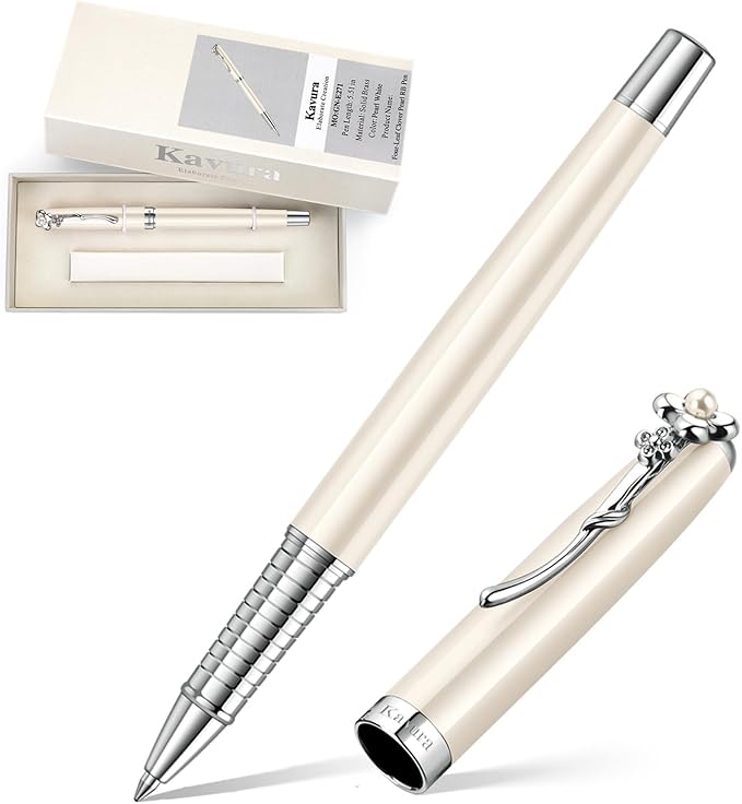 Four-Leaf Clover & Pearl Rollerball Pen – Elegant Brass Pen Gift Set for Women, Jewelry-Inspired Design, Glossy Finish, German Refill, Good Luck Gift for Her, New Job & Graduation (Pearl White)