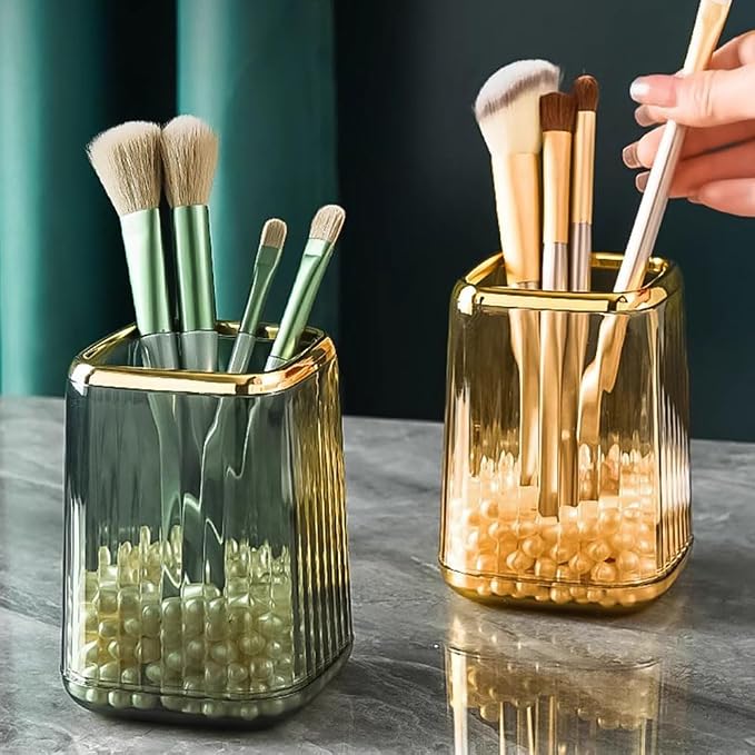 Acrylic Pen Holder, Cute Clear Green Desk Organizer for Pencils, Makeup Brushes Toothbrushes Storage Cup with Striped Design for Vanity Bathroom