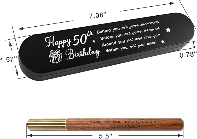 50th Birthday Gift for 1976 Born - Engraved Wooden Gel Pen & Keepsake Box Set, Golden 50 Year Old Gift for Men & Women, Milestone Birthday Present