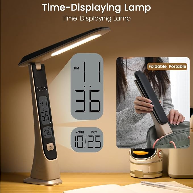 WILIT Rechargeable Lamps Cordless Table Lamp, Foldable Portable Desk Lamp, Battery Operated Lights with Stepless Brightness&Time Display for Home Office, Book Lights, Desk Accesories, Tea White