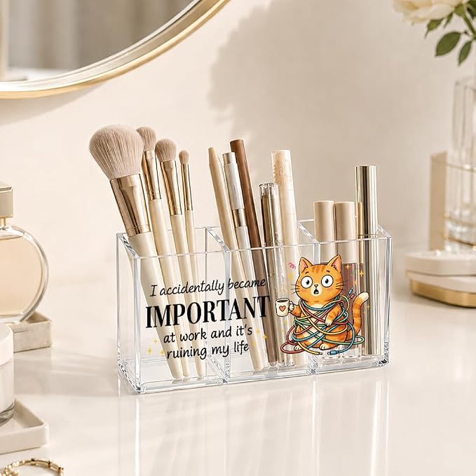 I Accidentally Became Important at Acrylic Pen Holder 3 Compartments, Funny Cat Burnout Clear Desktop Organizer for Office School Home, Office Humor Gifts for Cat Mom Friends Coworkers Boss