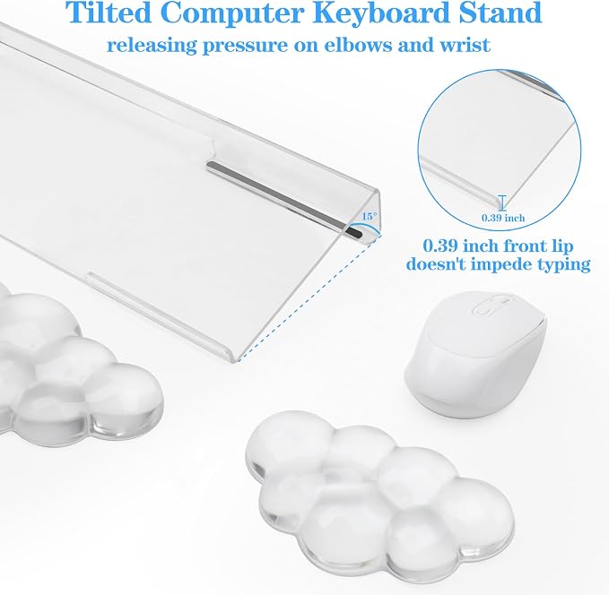 Acrylic Transparent Computer Keyboard Stand with Gel Cloud Keyboard and Mouse Wrist Rest, Ergonomic Tilting 3-in-1 Set, Relieves Painful Typing, for Office/Computer/Laptop/Gaming