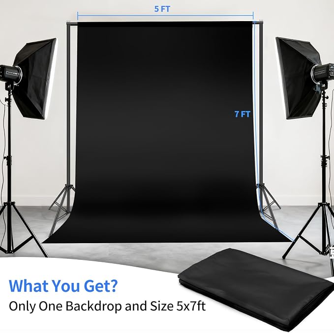 Hemmotop 5x7 ft Black Photo Backdrop Curtain for Photoshoot, Birthday Party | Polyester Black Back Drop Background Cloth Fabric for Video Recording, Pet Photography, Baby Shower, Graduation, Halloween