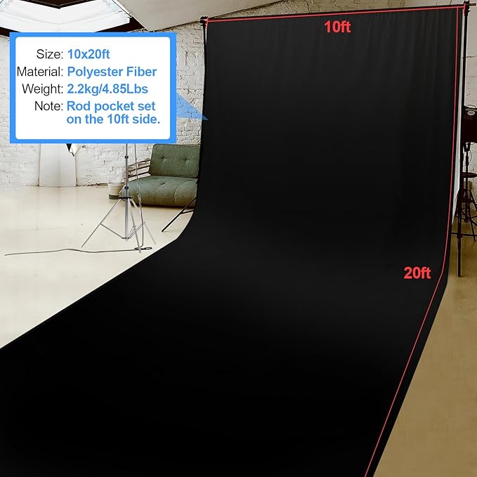 HEMMOTOP Black Backdrop Background,10x20 ft Black Backdrop Screen for Photoshoot, Black Photo Backdrop Cloth for Party, Photography, Photo Video Studio and Television (Backdrop only)
