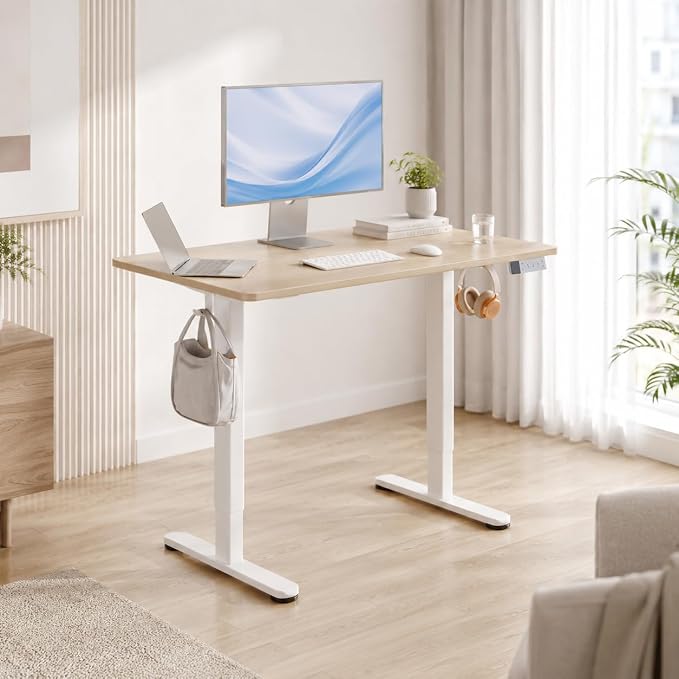 Claiks Electric Standing Desk, 48x24 Inch, Nature | Adjustable height for sit-stand, 156lbs capacity, scratch-resistant surface, 3 memory presets, cable management & hook.