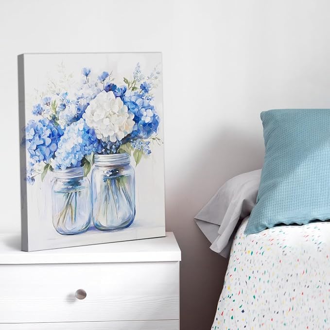 Vintage Floral Framed Wall Art Decor Light Blue Flowers Canvas Print Poster Abstract Flowers Bouquet in Vase Pictures Painting for Home Bathroom Bedroom Wall Decor 8x10 Inches