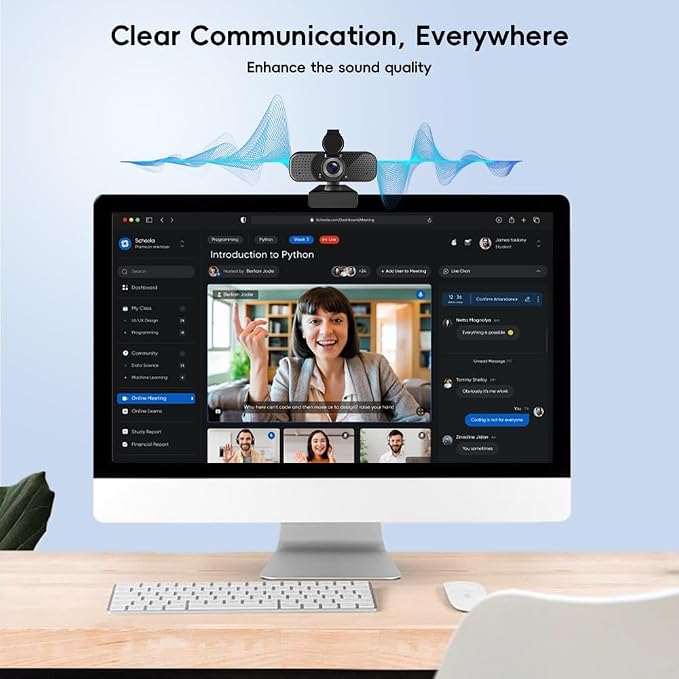 2K Webcam PC Webcam with Microphone and Physical Privacy Cover, Noise-Canceling Microphone, Auto Light Correction, Wide Angle, Plug and Play for Conferences/Online Classes/Live Streaming/Zoom/Teams