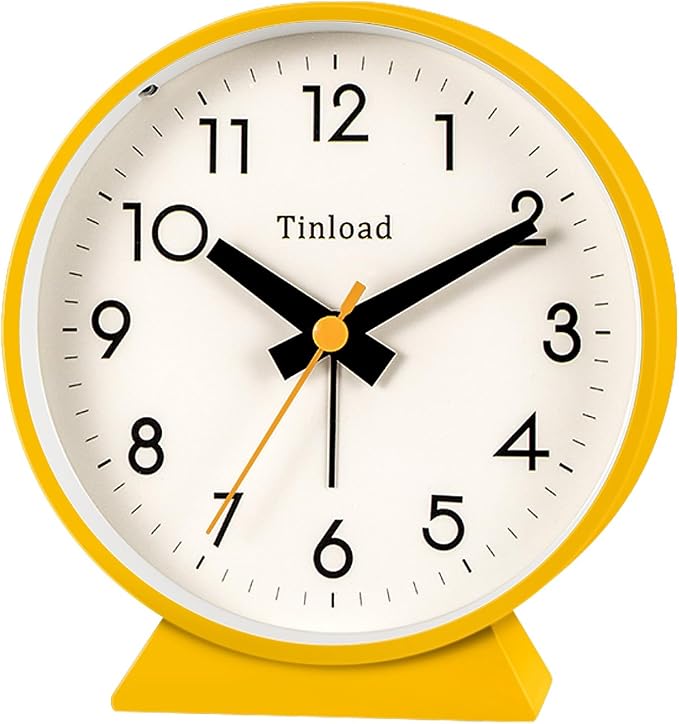 Tinload 4.5" Battery Operated Antique Retro Analog Alarm Clock, Small Silent Bedside Desk Clock,Lighted on Demand, Battery Operated, Snooze, for Living Room, Bedroom, Bedside, Desk(Yellow)