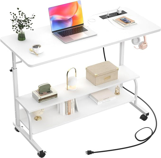 Armocity Rolling Standing Desk with Charging Station, Portable Height Adjustable Mobile Computer Desk with Wheels & 2-Tier Shelves & Hooks, Easy Assembly Laptop Table for Couch Bed, 39" White