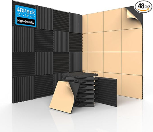 SD SODOCT 48 Pack Self-Adhesive Wedge Acoustic Foam Panels 12" x 12" x 1" | Peel & Stick, Flame-Retardant, 30kg/m³ High Density