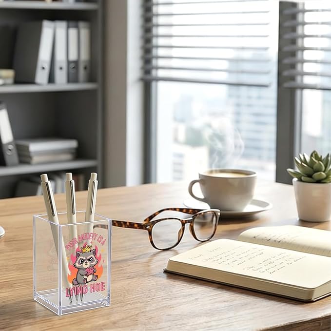 Your Anxiety Is A Lying Hoe Acrylic Organizer Pencil Pen Holder, Funny Anxiety Makeup Brush Storage Organizer, Cute Raccoon Desk Accessories Holder for Coworker Teacher Student Daughter