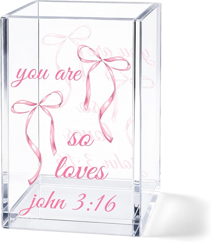 Pink Bow Acrylic Pen Holder Cup, Coquette Desk Decor with Inspirational Bible Verse, Christian Pencil Holder, Cute Office Desk Organizer, Gift for Women