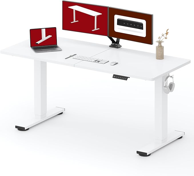 SANODESK Height Adjustable Electric Standing Desk 63x24 Inches, Sit Stand Desk with Splice Board for Home Office, Ergonomic Computer Workstation, Study & Gaming, White Frame/White Top