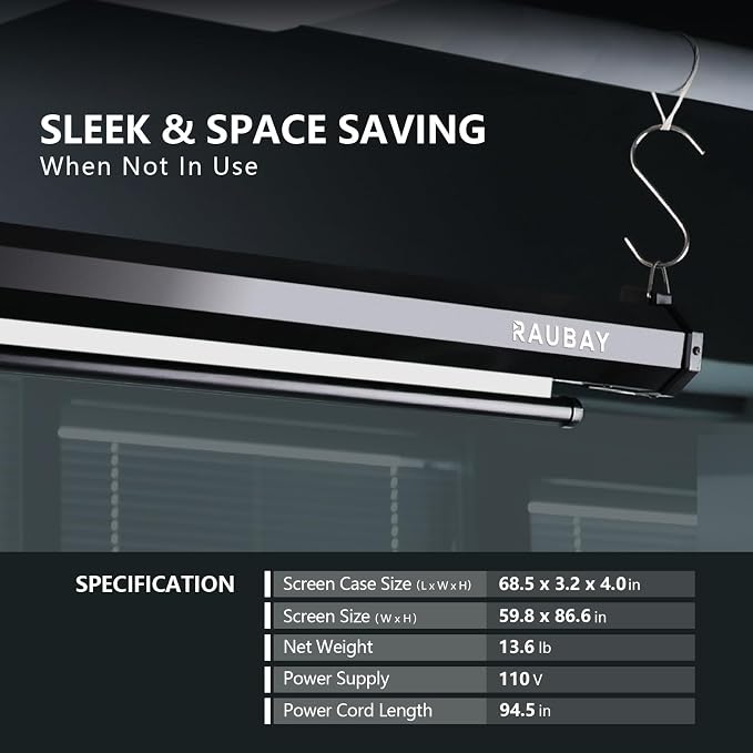 RAUBAY Motorized Pull Down White Screen Backdrop - 59.8" x 86.6" Collapsible Wall-Mount Background for Professional Video Production, Photography Studio, Video Conferencing and YouTube, TikTok Creator