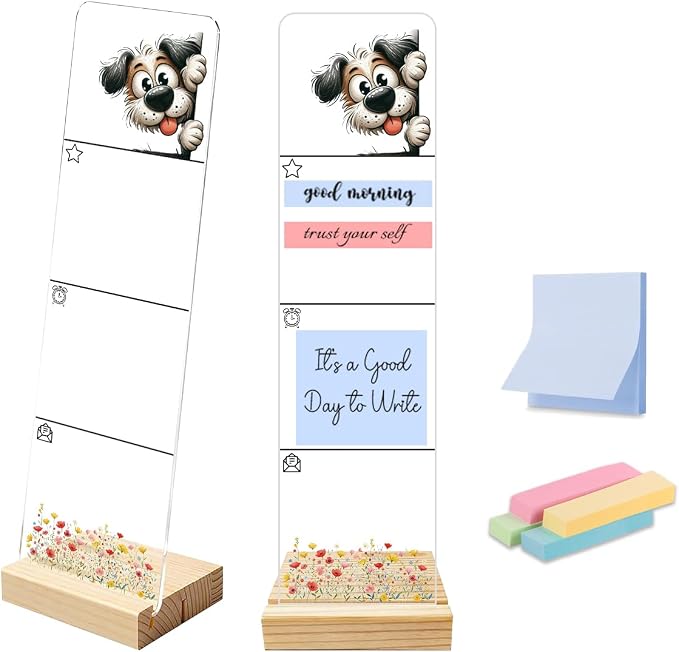Sticky Note Holder, Monitor Memo Board, Acrylic Post It Note Holder with Wooden Base, Includes 200 Notes, Desk Organizer for Office, Dog Design