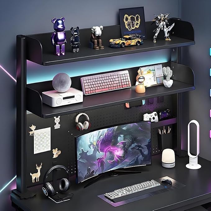CHSSIH Clamp On Desk Pegboard Shelf - Metal Desktop Organizer Hutch with 2 Shelves for Storage and Display, Desk Add-On Shelf for Office, Dorm, or Computer Monitor Stand, Black (39.3")