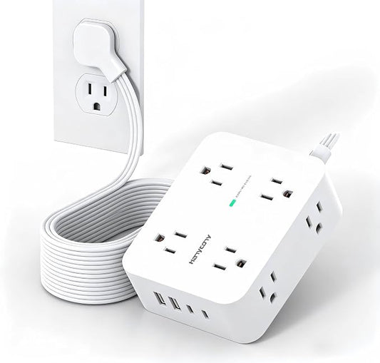 HANYCONY 25 Ft Extra Long Extension Cord with Ultra-Thin Flat Plug, 8 Widely Spaced Outlets & 4 USB Ports (2 USB C), 1080J Surge Protector Power Strip for Home, Office, Workshop, Wall Mount Design