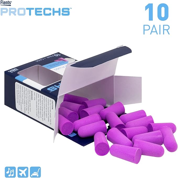 Flents Protechs Foam Ear Plugs, 10 Pair with Case for Sleeping, Snoring, Loud Noise, Traveling, Concerts, Construction, Studying, Work, Shooting, NRR 33, Purple,Disposable, Made in the USA (Pack of 2)