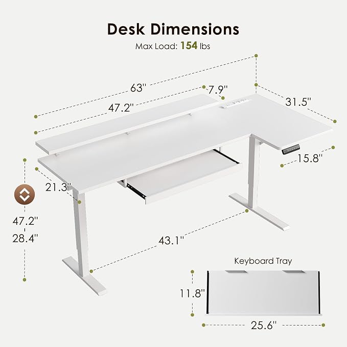 OffiGo 63 Inch L Shaped Electric Standing Desk with Keyboard Tray, Reversible Height Adjustable Corner Computer Desk with Monitor Stand, Sit Stand Up Lift Table for Home, Office, White