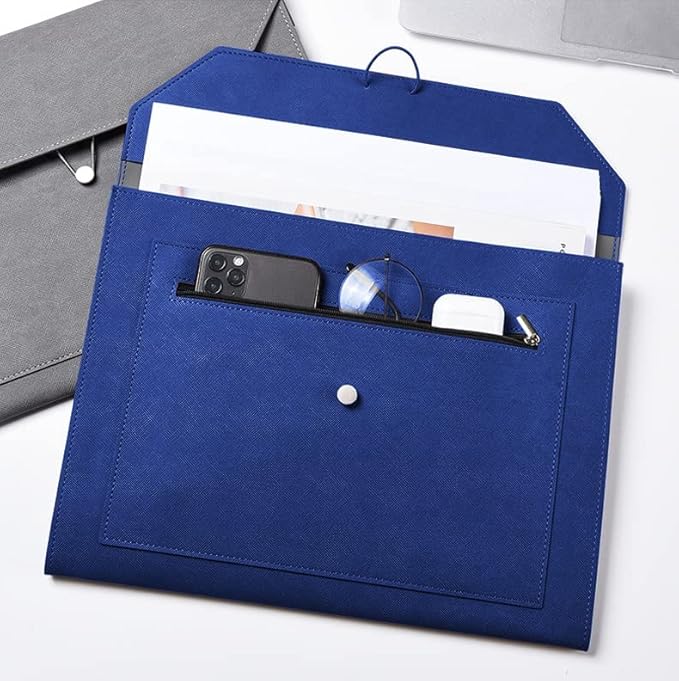 PU Leather A4 File Folder Document Holder 2 Pockets Portfolio Envelope Folder Case with Elastic String 3/4 Inch Expansion (Blue)