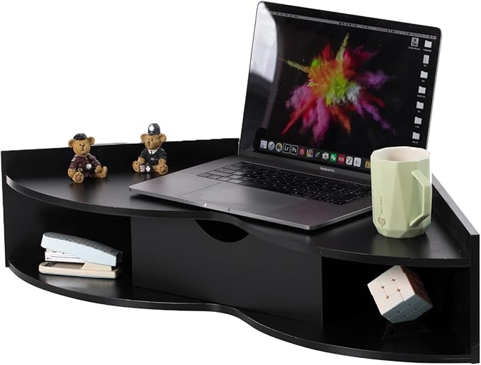 Basicwise Brown Heart Shaped Wall Mounted Office Table with Drawer and Two Shelves Computer Writing Corner Desk,QI004024.BK