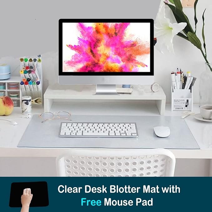 Desk Pad Blotters Protector Clear 14x30 in Plastic Desktopper Writing Surface Cover Desk Organizer Mat with Mouse Pad for Office Home Laptop Computer Tabletop Keyboard Mat Easy Clean Waterproof Glass