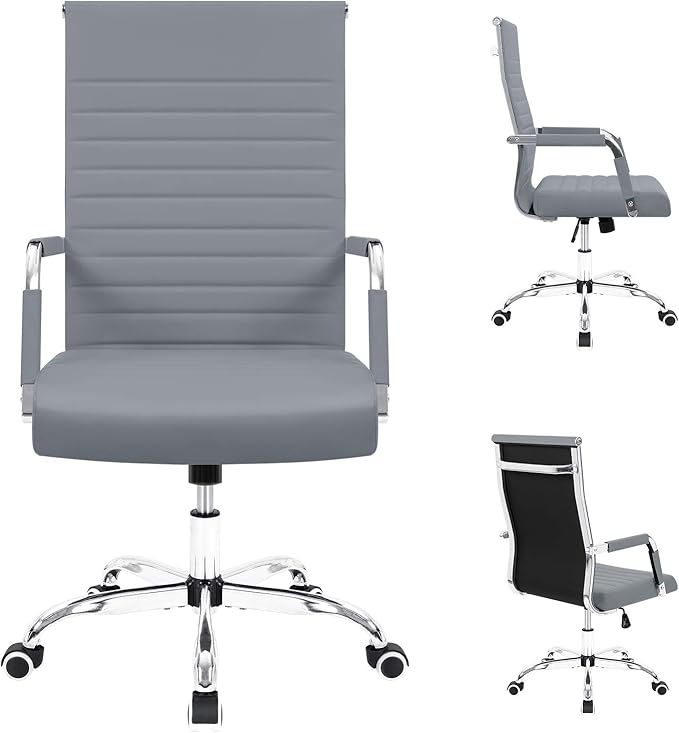 Furmax Ribbed Office Desk Chair Mid-Back PU Leather Executive Conference Task Chair Adjustable Swivel Chair with Arms (Grey)