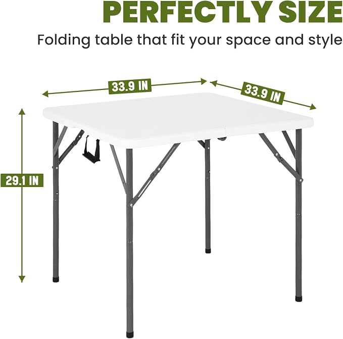 FDW 34" Square Plastic Folding Card Table, Portable Fold-in-Half Plastic Picnic Party Table with Carrying Handle, White