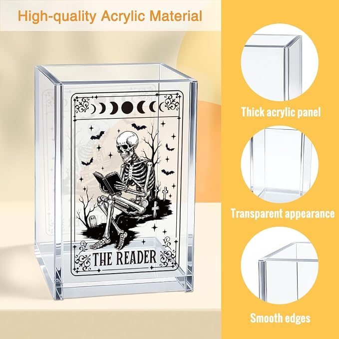 The Reader Acrylic Cosmetic Pencil Pen Holder Cup, Funny Bookworm Skeleton Theme Gifts for Bookworm Book Lover Reader Book Club Member College Student, Thank You Gifts for Librarian Teacher