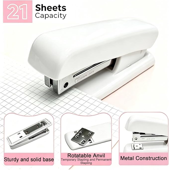 Office Supplies Set Rotating Pen Holder for Desk with Stapler Staple Remover, Tape Dispenser,Tape Refills, Binder Paper Clips Kit, Scissor,Pen, Ruler & Sticky Tabs,White Office School Supplies(White)
