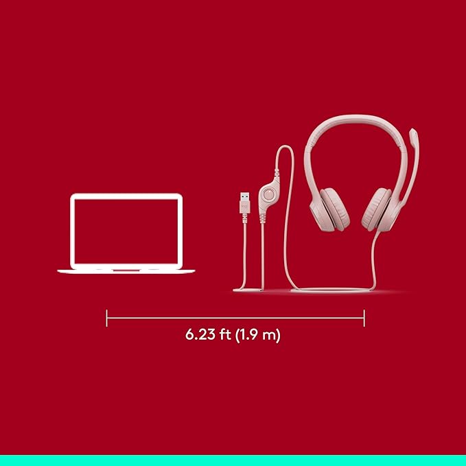 Logitech H390 Wired Headset for PC/Laptop, Stereo Headphones with Noise Cancelling Microphone, USB-A, in-Line Controls, Works with Chromebook - Rose