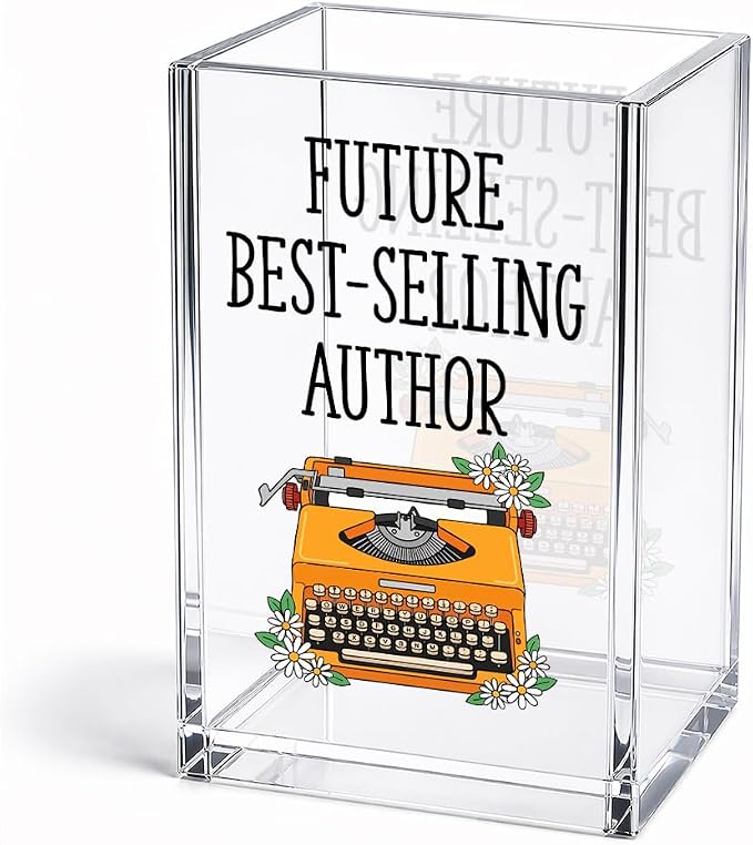 Funny Future Best-Selli Author Acrylic Pencil Holder Cup for Writer | Typewriter Pen Holder Home Office Desk Organizer, Inspirational Gifts for Authors Novelist Book Lover, Desk Accessories