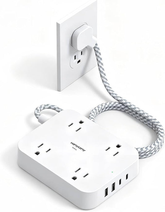Surge Protector Power Strip, HANYCONY 10Ft Extension Cord with 4 USB Ports(2 USB C), 4 Widely Outlets Extender, Wall Mount, Desk Charging Station for Office School College Dorm Room Essentials