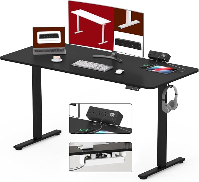 SANODESK Electric Standing Desk with Desk Clamp Power Strip 55"x 28" Whole-Piece Desktop Height Adjustable Stand Up Desk with Cable Management Sit Stand Home Office Desk Black Frame/Black Top