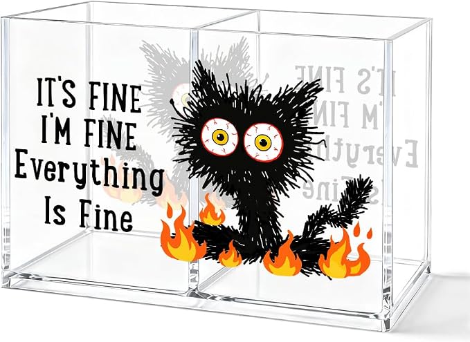 It's Fine I'm Fine Acrylic Cosmetic Organizer Pen Holder, Black Cat Pen Organizer 2 Compartments, Humor Office Desk Accessories for Storage, Sarcastic Office Gifts for Coworker Staff Mentor