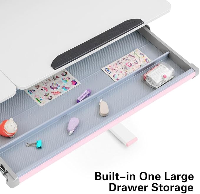 39in Wide Adjustable Height Kids Desk with Tilting Desktop, Bookshelf Hutch | Height-adjustable study desk with steel frame, drawer and bookshelf hutch for reading, writing and drawing, Ages 3-12