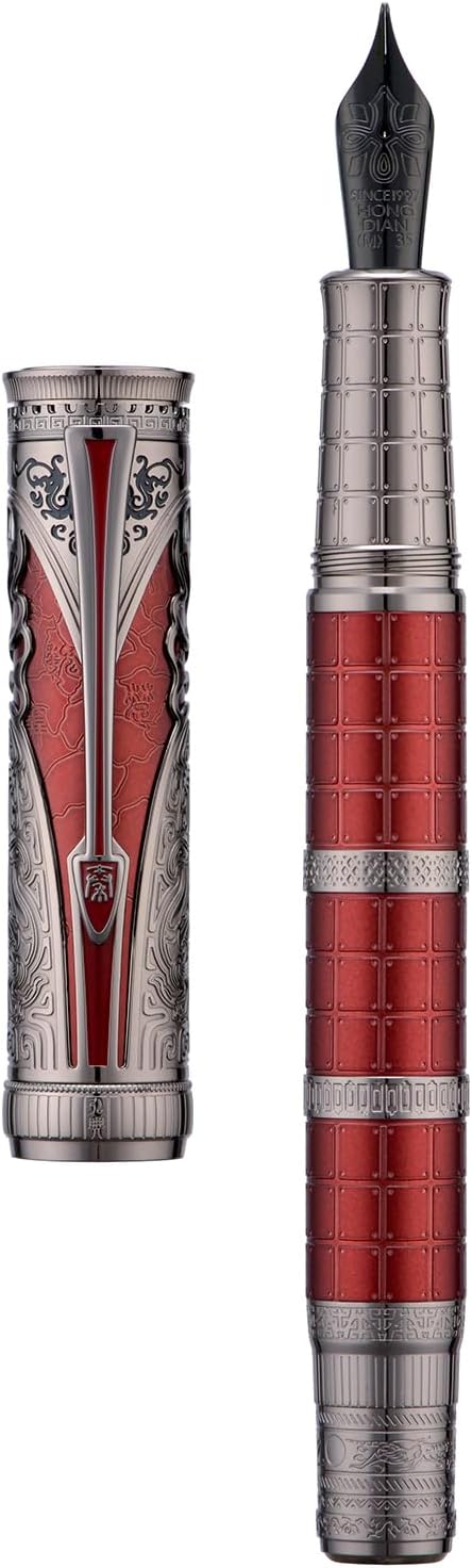 Hongdian D5X Fountain Pen Red Color Medium Nib, Qin Dynasty Retro Chinese Totem Engraving Smooth Writing Pen with Converter and Pen Box Set