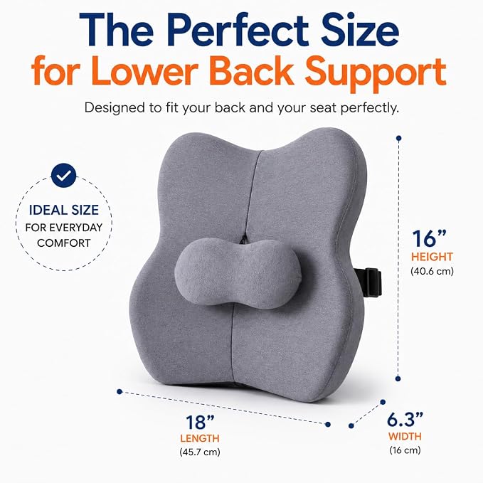 Pampkin Ergonomic Lumbar Support Pillow with Adjustable Strap | High-Density Memory Foam Back Cushion for Office Chair & Car | Back Pain Relief & Posture Support