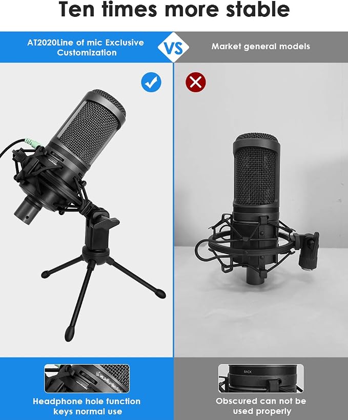 AT2020 Microphone Shock Mount with Pop Filter, [Custom Built for audio technica Mic] Anti-Vibration Suspension Shockmount Holder Clip Compatible with AT2020USB+ AT2035 ATR2050 AT3035 AT3060