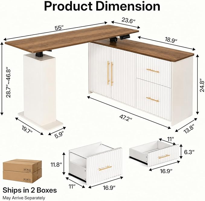 NORTHSKY 55" L Shaped Electric Standing Desk with Drawers and Storage Cabinet, Adjustable Height Corner Desk for Home Office, Brown Wood Grain and Distressed White Fluted Design