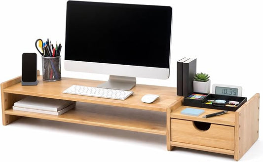 Bamboo 2-Tier Monitor Stand Riser with Drawers, Desktop Organizer for Laptop, Computer, Printer, Cellphone - Reduce Neck & Eye Strain, Office & Home Use