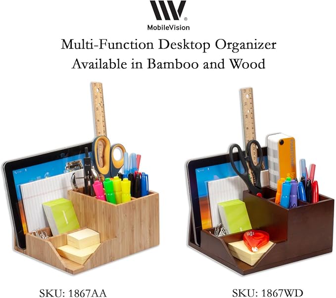 MobileVision Bamboo Multi-Function Desktop Organizer; Store stationary items like notepads, file folders, paperclips, business cards, pens, & more