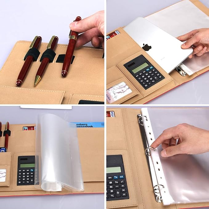 Black Leather Padfolio with 3 Ring Portfolio A4 Binder with Clipboard Padfolio for Women Men Professional Business Binders Organizer with Calculator Planner Portfolio Executive Notebook Closure Folder